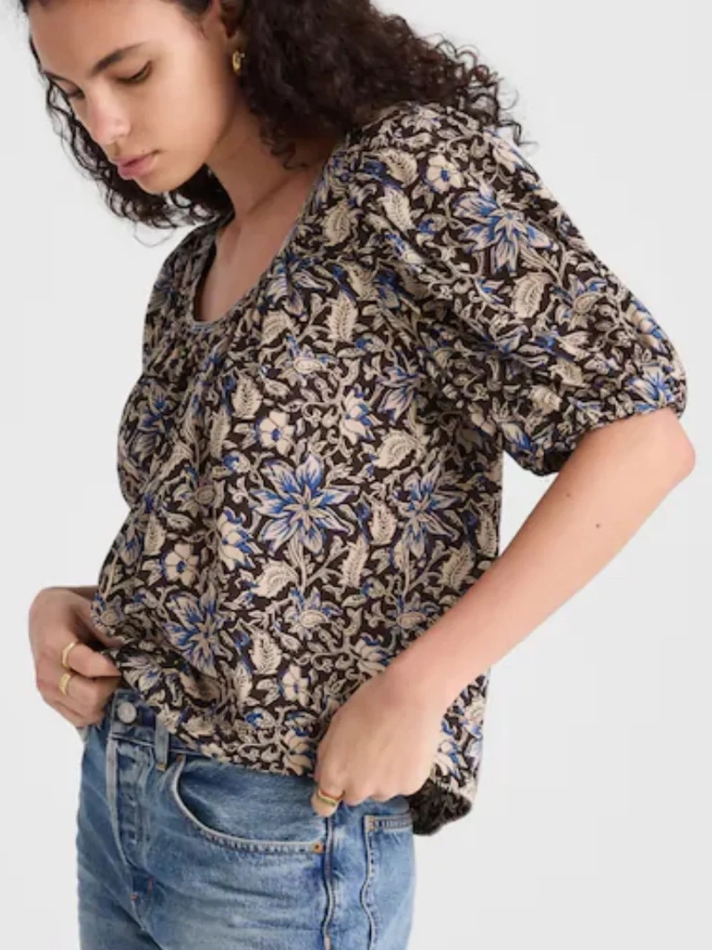 NWOT Madewell Floral Puff-Sleeve Scoopneck Top